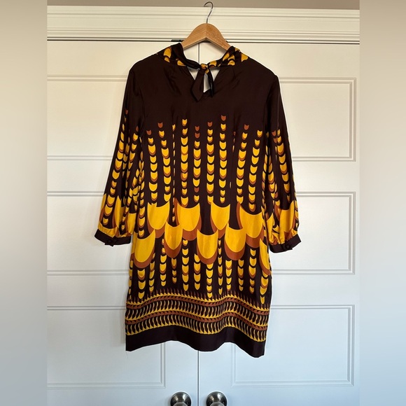 J. Crew Collection 100% Silk Dress Mod MCM Art Deco Geographic Brown/Gold W's 6 - Picture 4 of 11